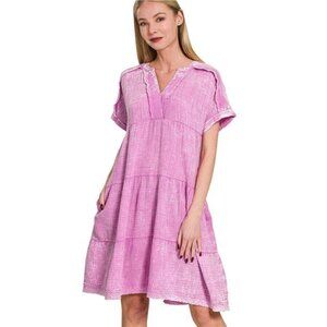 Zenana Washed Double Gauze Raw Edge V-neck Dress